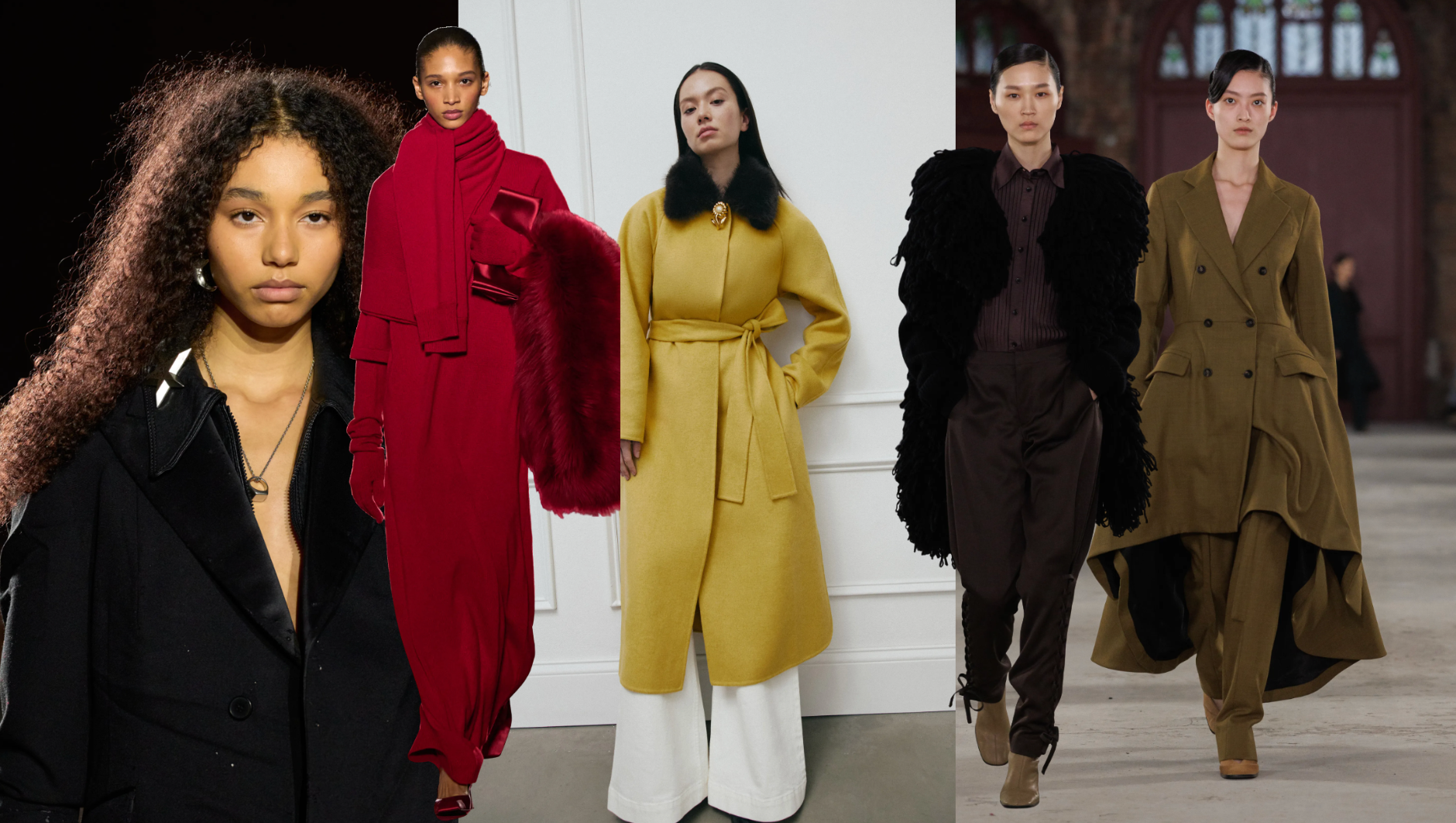Editorial moodboard for NYFW Fall/Winter 2026 showing key color trends including deep aubergine, chocolate brown, muted clay, and butter yellow with runway inspiration from Coach and Tanya Taylor.