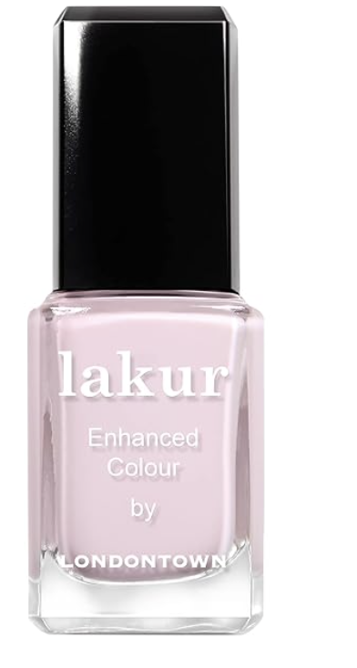 A bottle of Londontown Lakur in the shade Jane Austen, a sheer milky white polish for a clean soap nail look.