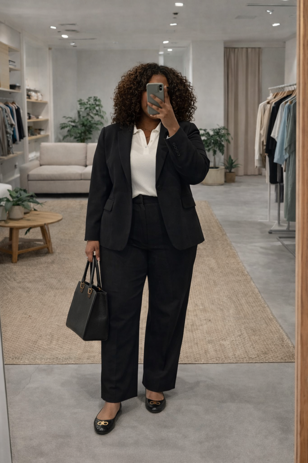 An African American woman with brown curly hair taking a mirror selfie in a chic boutique, wearing a structured black blazer over a white collared shirt with matching black tailored trousers and black pointed-toe flats."