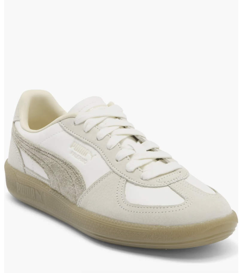 PUMA Palermo Elevata Platform Sneakers in a neutral cream and tan colorway, styled for a professional and stylish casual work outfit.