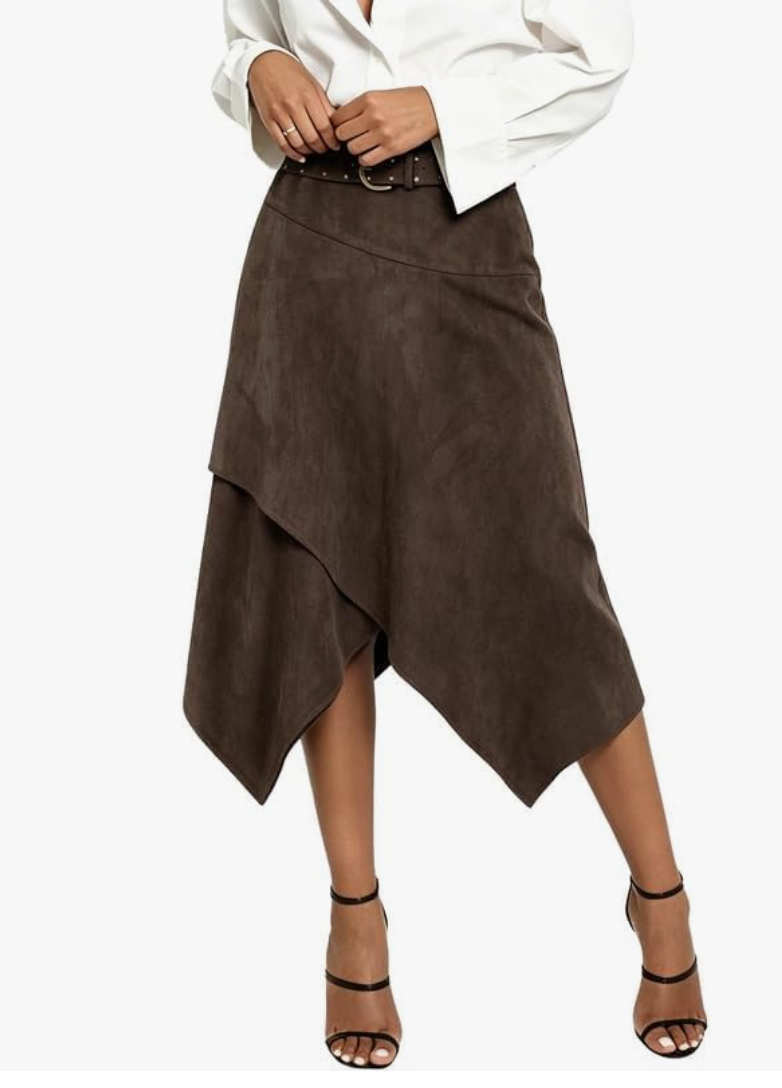Brown faux-suede asymmetrical midi skirt with belted waist.