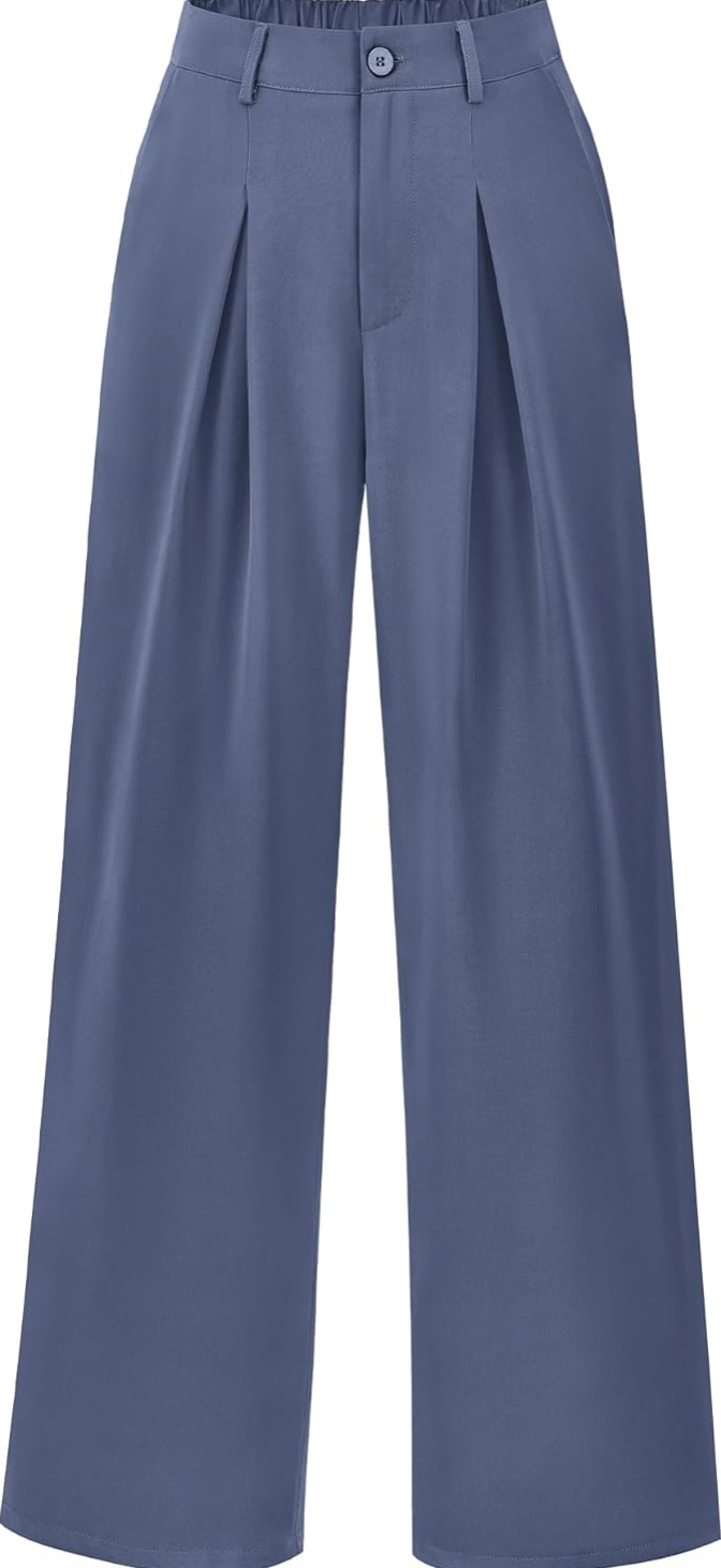 A pair of slate blue high-waisted palazzo trousers with a wide-leg silhouette and pleated front detail on a transparent background.