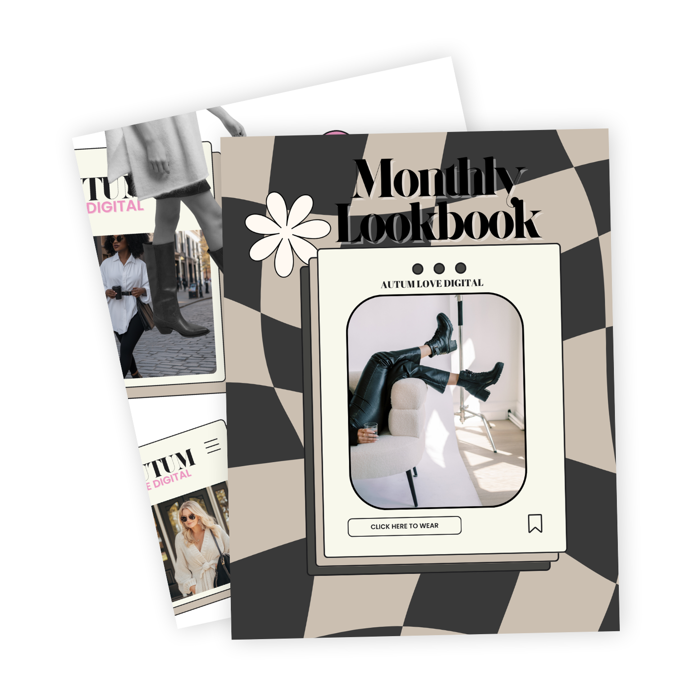 Digital magazine cover titled "Monthly Lookbook" with a black and beige checkered background, floral graphic, and a photo of a woman lying on a white chair wearing black leather pants and boots, holding a drink, inside a phone frame.