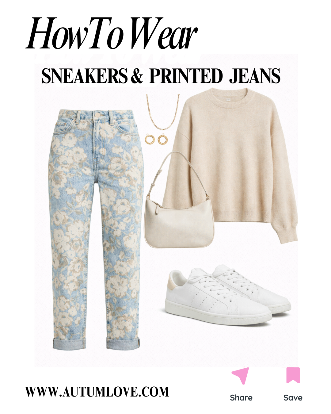 An outfit collage for printed jeans featuring light blue floral patterned denim, a cream crewneck sweater, a neutral leather shoulder bag, gold hoop earrings, and classic clean white sneakers.