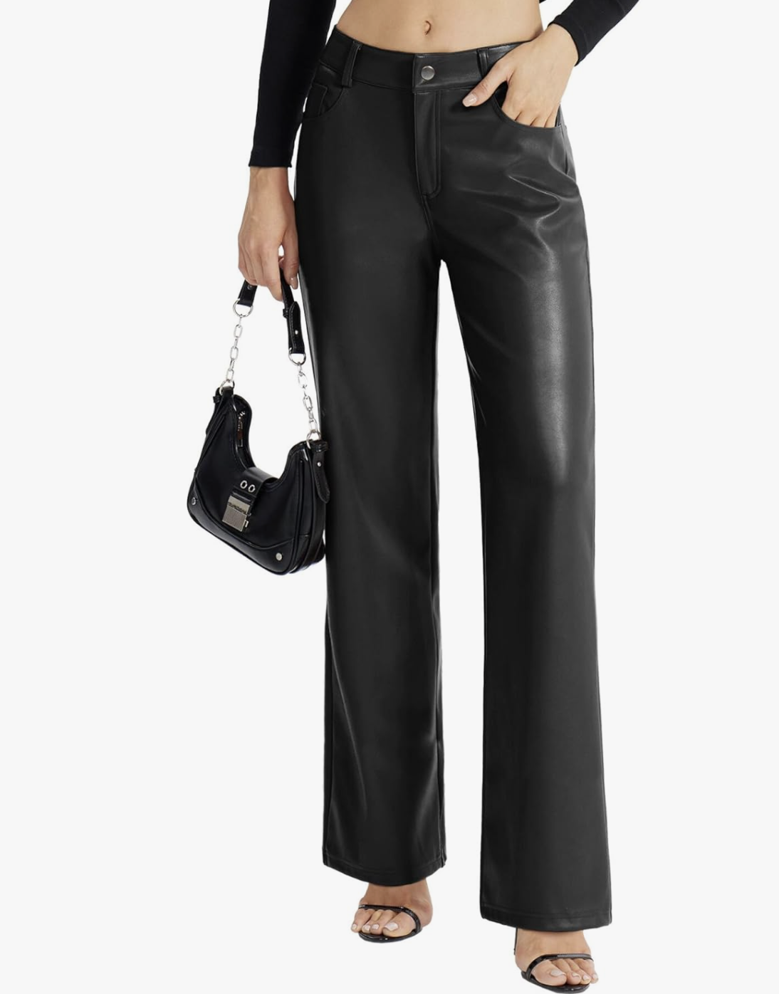 A pair of black high-waisted faux leather wide leg pants from Amazon, styled with a ruched bodysuit to provide structure and camouflage a big belly.