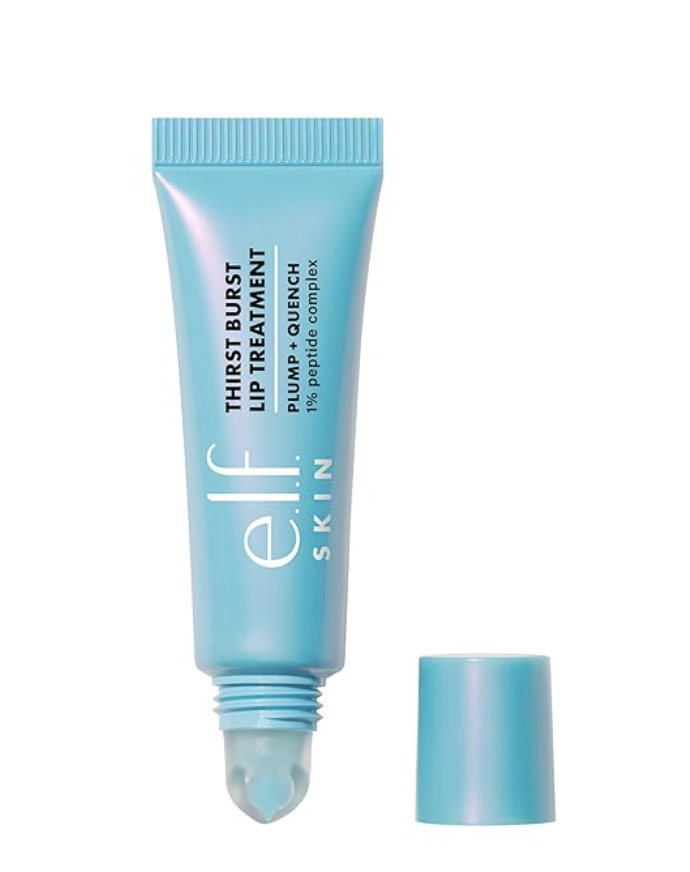 A close-up of the light blue e.l.f. SKIN Thirst Burst Lip Treatment tube and its cap on a white background.