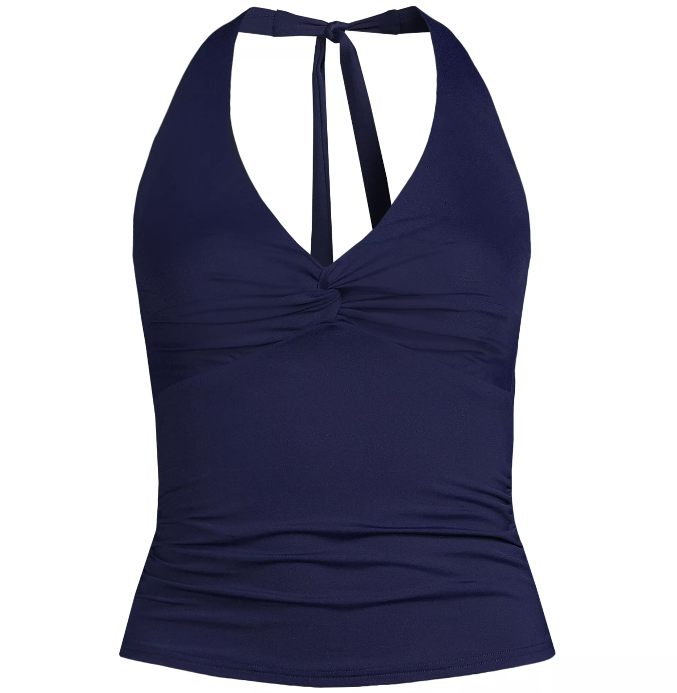 A woman wearing a navy blue floral print tankini top with tummy control and matching high-waisted bottoms, part of the best tankinis for modest coverage in 2026.