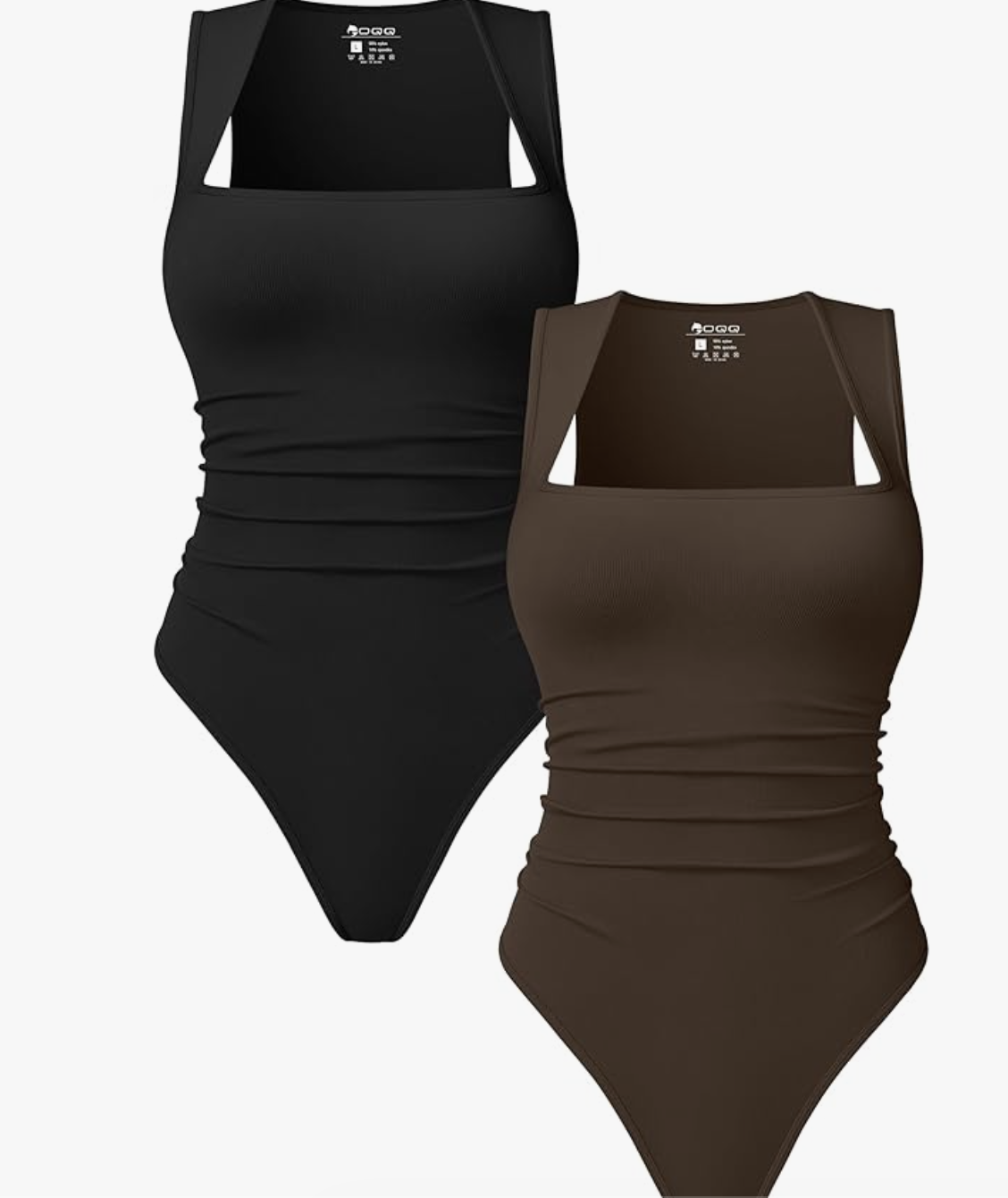 Two square-neck sleeveless bodysuits from Amazon, one in black and one in chocolate brown, shown side-by-side as versatile tops to wear with jeans.