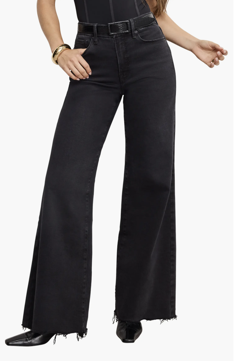 Good American Soft-Tech Good Waist Palazzo Wide Leg Jeans styled for a big belly and skinny legs silhouette.