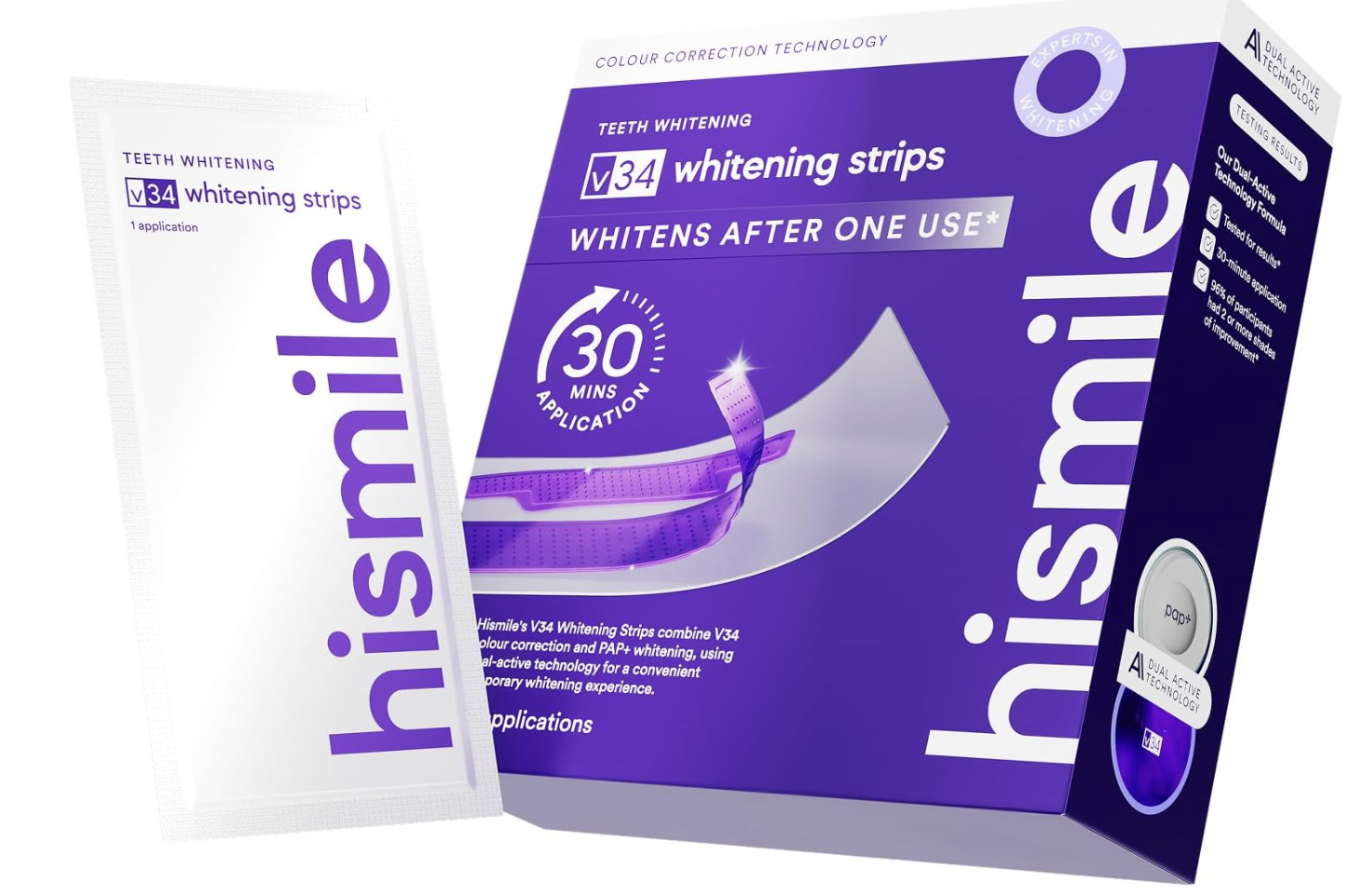 Box and single-use packet of Hismile PAP+ Whitening Strips featuring the signature purple and white design.