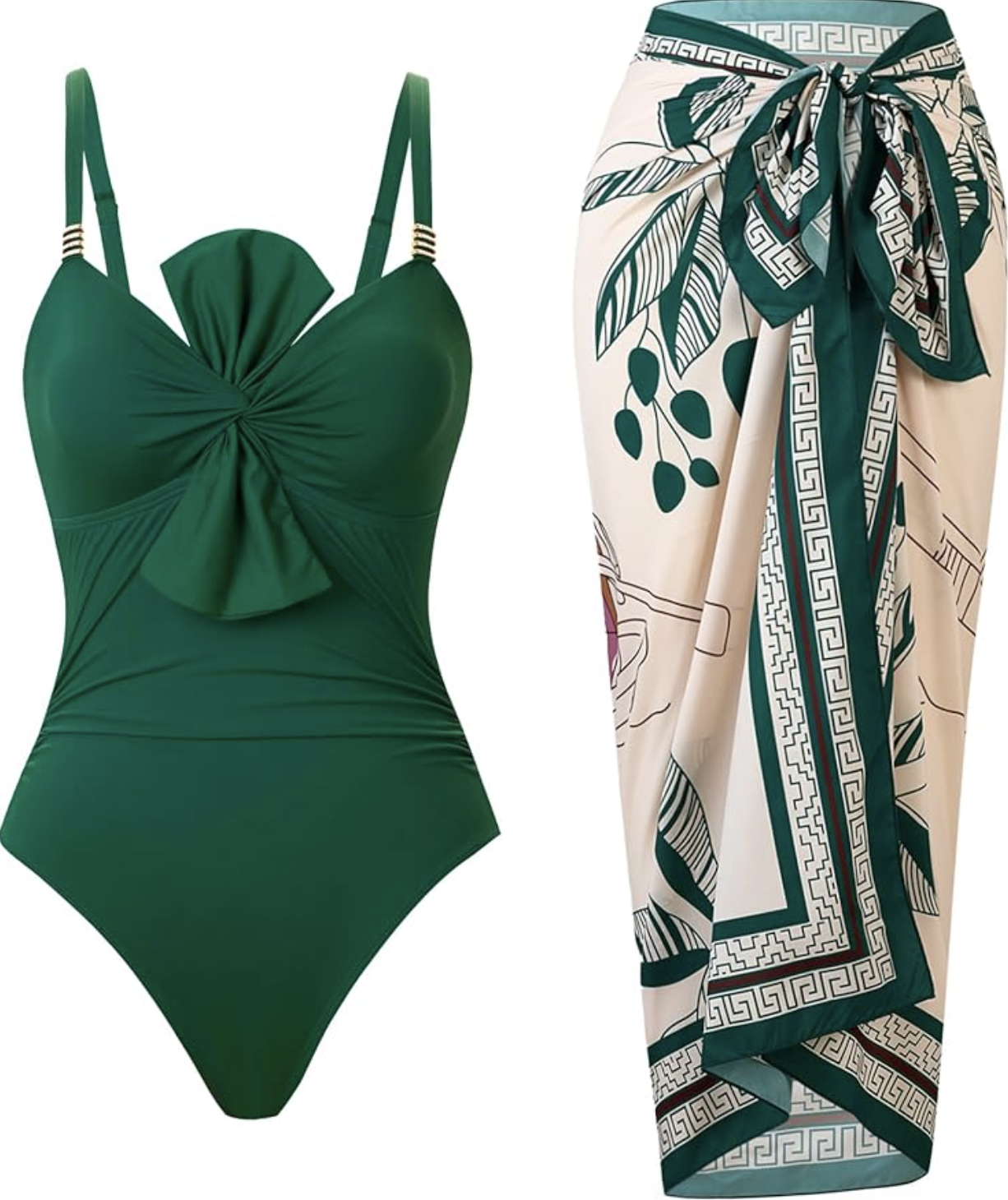 A dark green one-piece swimsuit with a large decorative knot detail on the chest and gold hardware on the straps, shown alongside a matching white and green tropical print sarong cover-up.