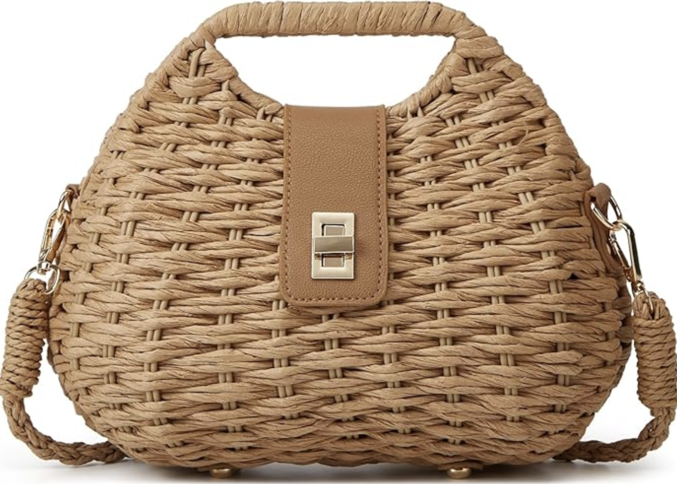 A round, light-colored handmade wicker rattan handbag with a tan leather front flap, silver turn-lock clasp, and a woven rope-style shoulder strap.