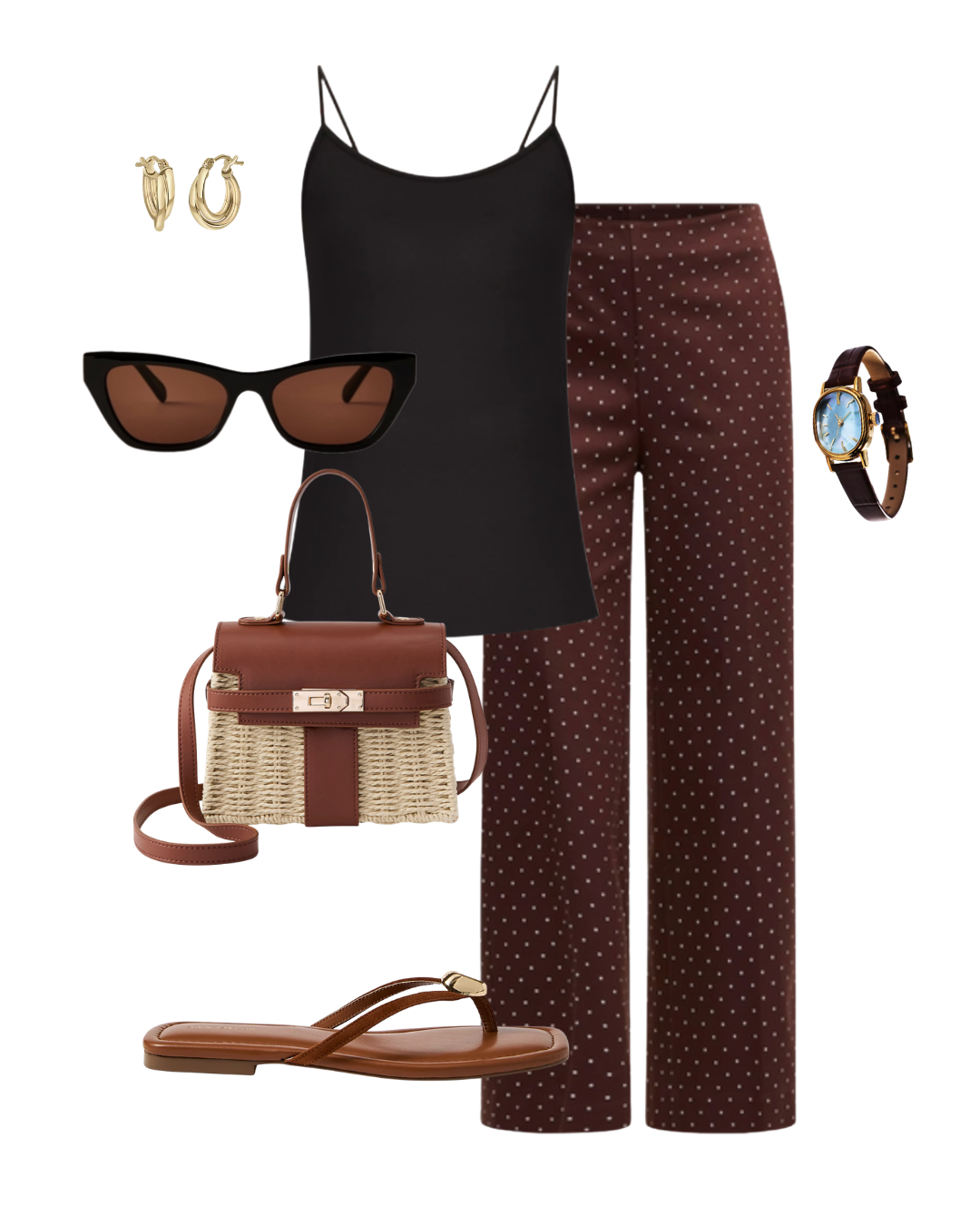 Flat lay of spotted pants, black camisole, brown leather handbag, and matching sandals.