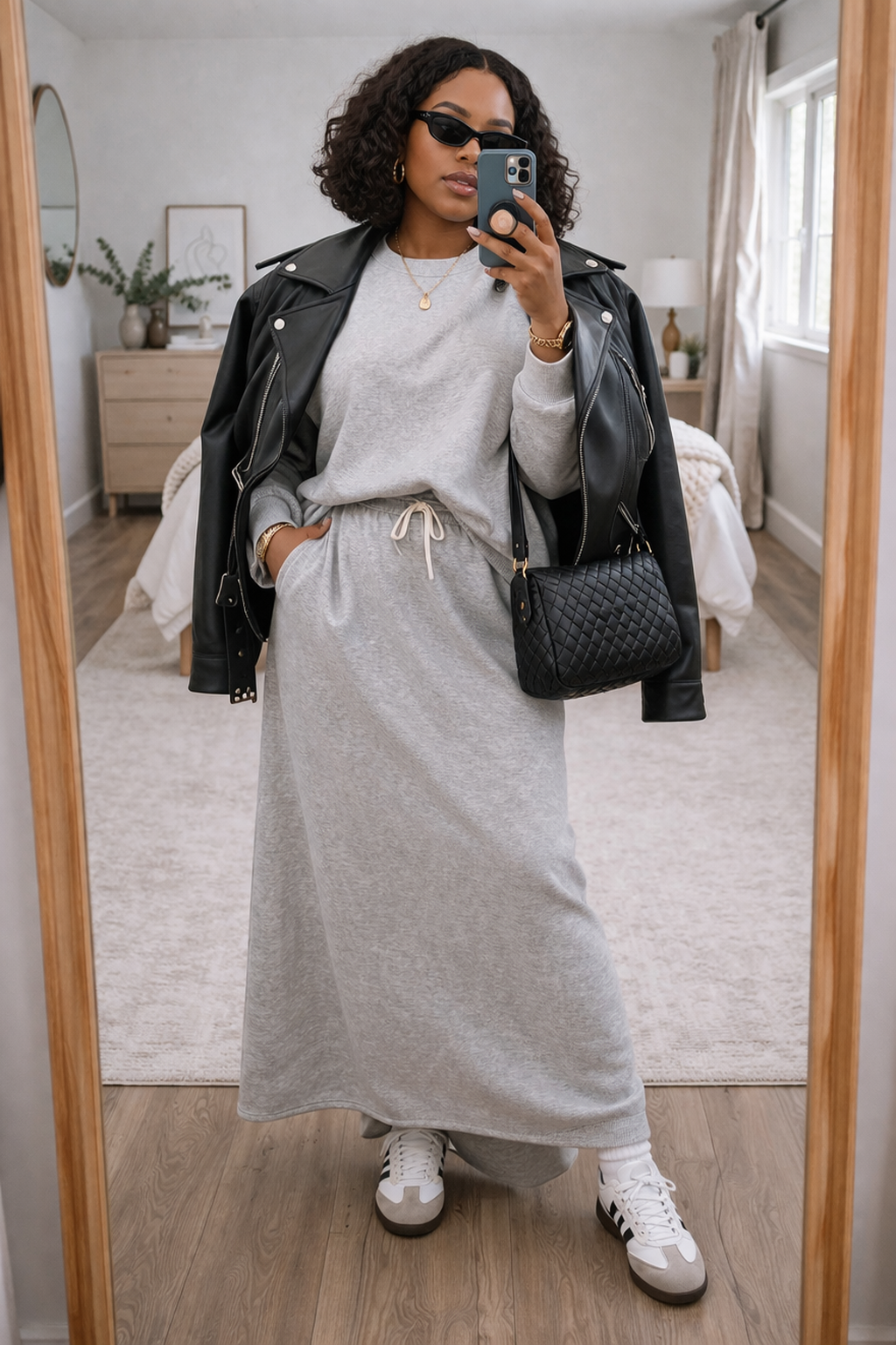 A woman taking a mirror selfie wearing a grey sweatshirt and matching jersey maxi skirt, layered with a black leather biker jacket to add structure to a soft outfit.