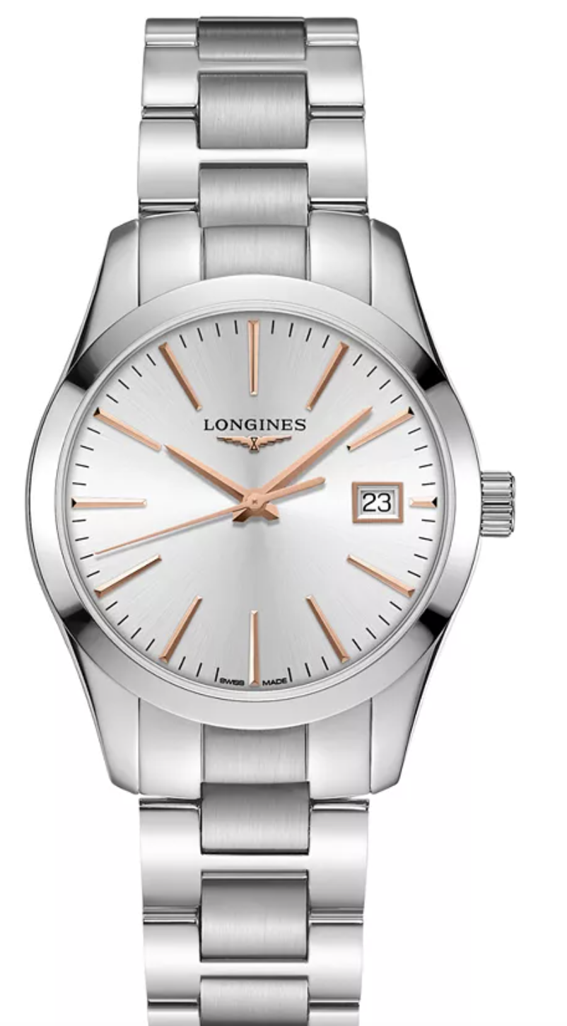 A Longines Conquest Classic 34mm women's quartz watch featuring a sunray silver dial with pink indexes, a date window at 3 o'clock, and a polished stainless steel bracelet.