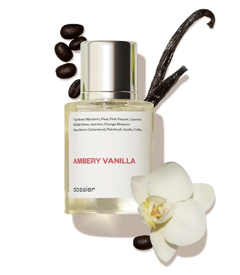A bottle of Dossier Ambery Vanilla Eau de Parfum surrounded by vanilla beans, coffee beans, and a white orchid flower on a white background.