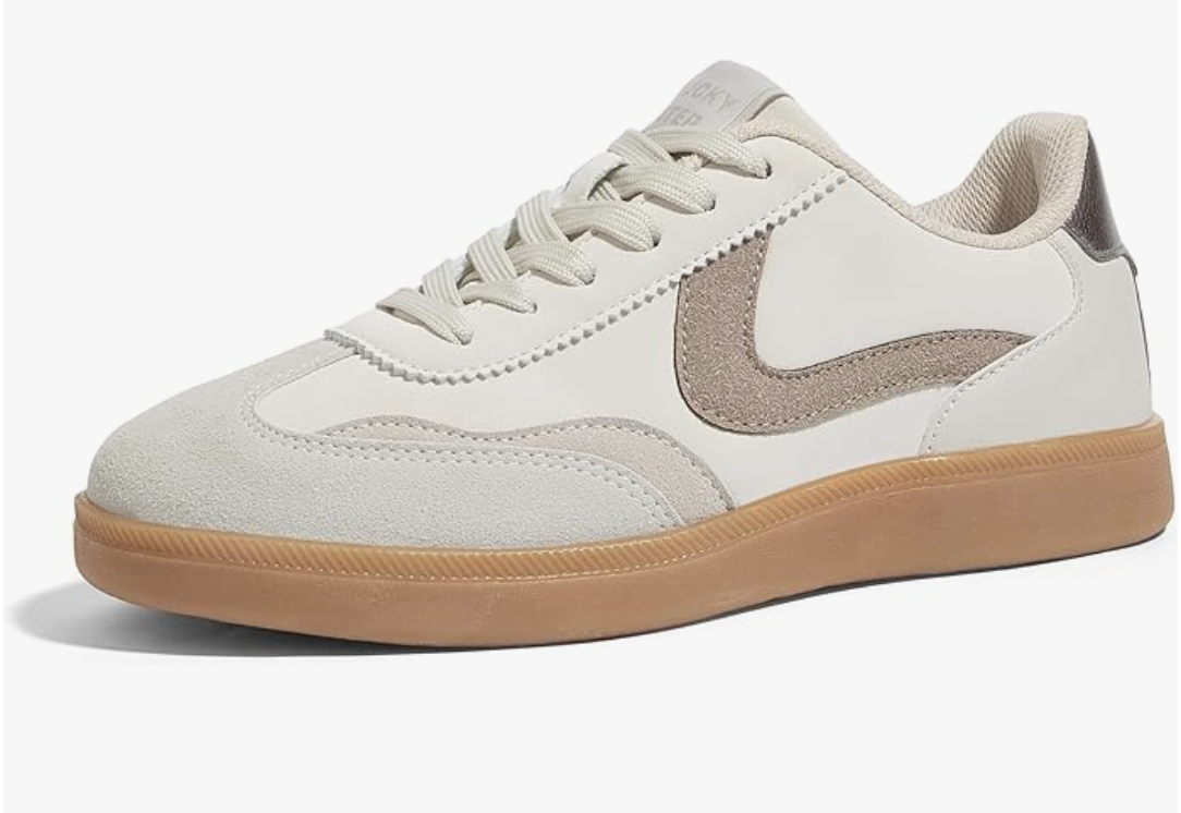 A pair of white and tan retro-style Casual Walking Shoes with a gum sole, styled for a casual summer BBQ outfit.