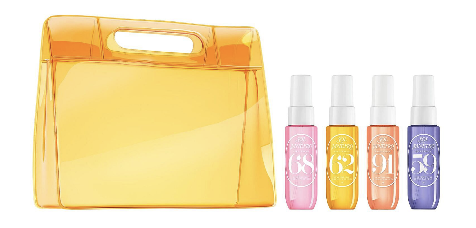 Sol de Janeiro Spritz the Season perfume mist gift set featuring four mini fragrance bottles inside a translucent yellow travel pouch.