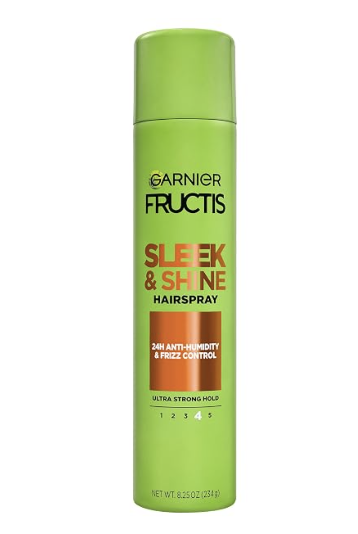 Lime green can of Garnier Fructis Sleek & Shine Hairspray with 24-hour anti-humidity and frizz control.