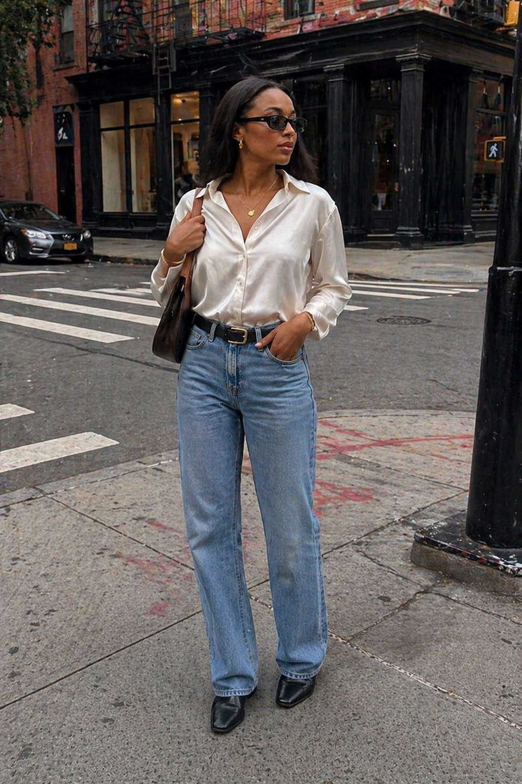 A woman walking in the city wearing a tucked-in cream silk button-down blouse and blue straight-leg jeans with a black belt and sunglasses.