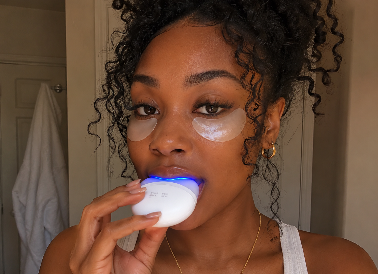 Close-up of a woman using an at-home teeth whitening device with a blue LED light mouthpiece while wearing under-eye patches.