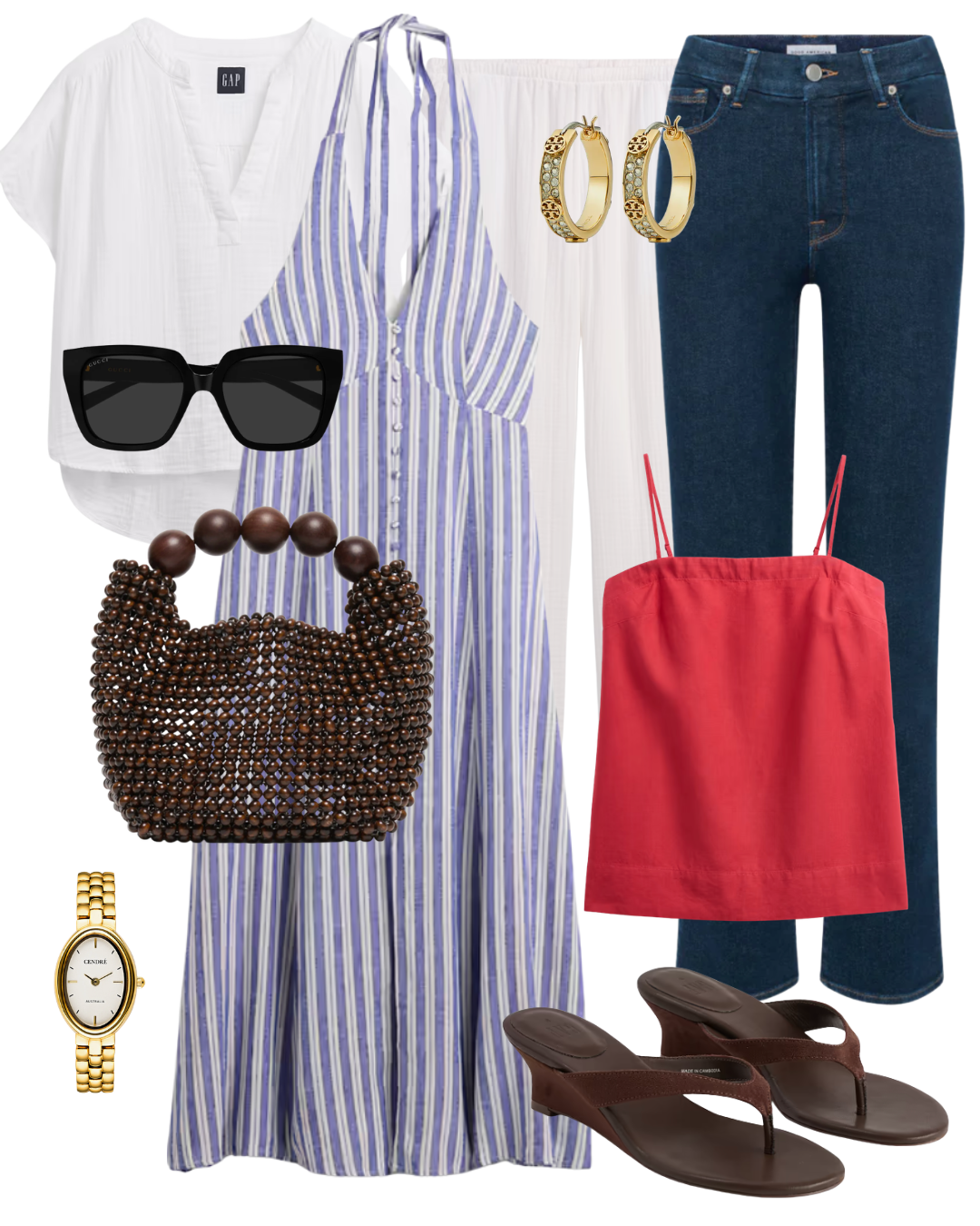 Flat lay of a summer outfit featuring a blue and white striped halter midi dress, a brown beaded handbag, brown kitten heel sandals, and accessories.