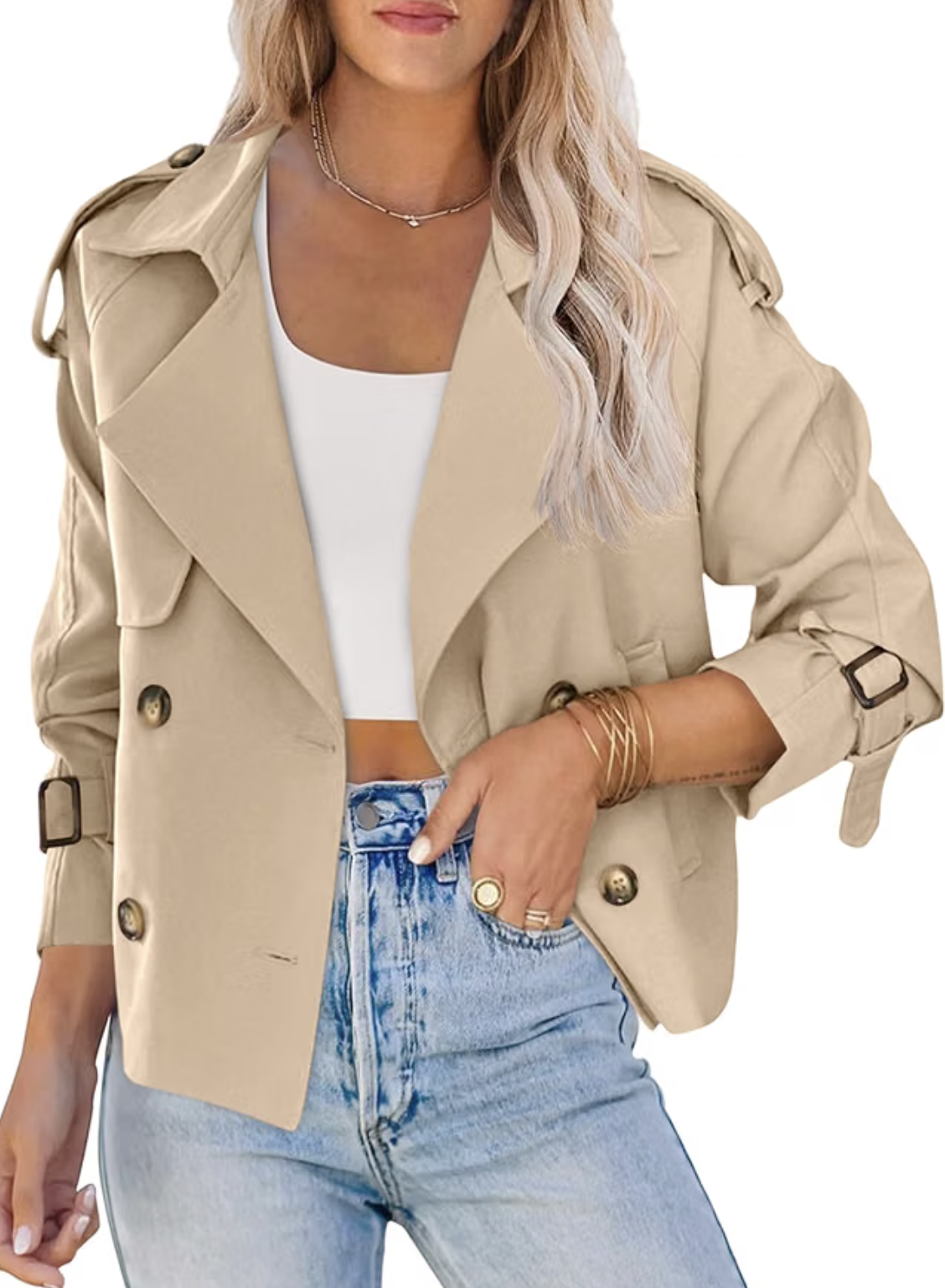 Saodimallsu cropped double-breasted trench jacket with belted cuffs