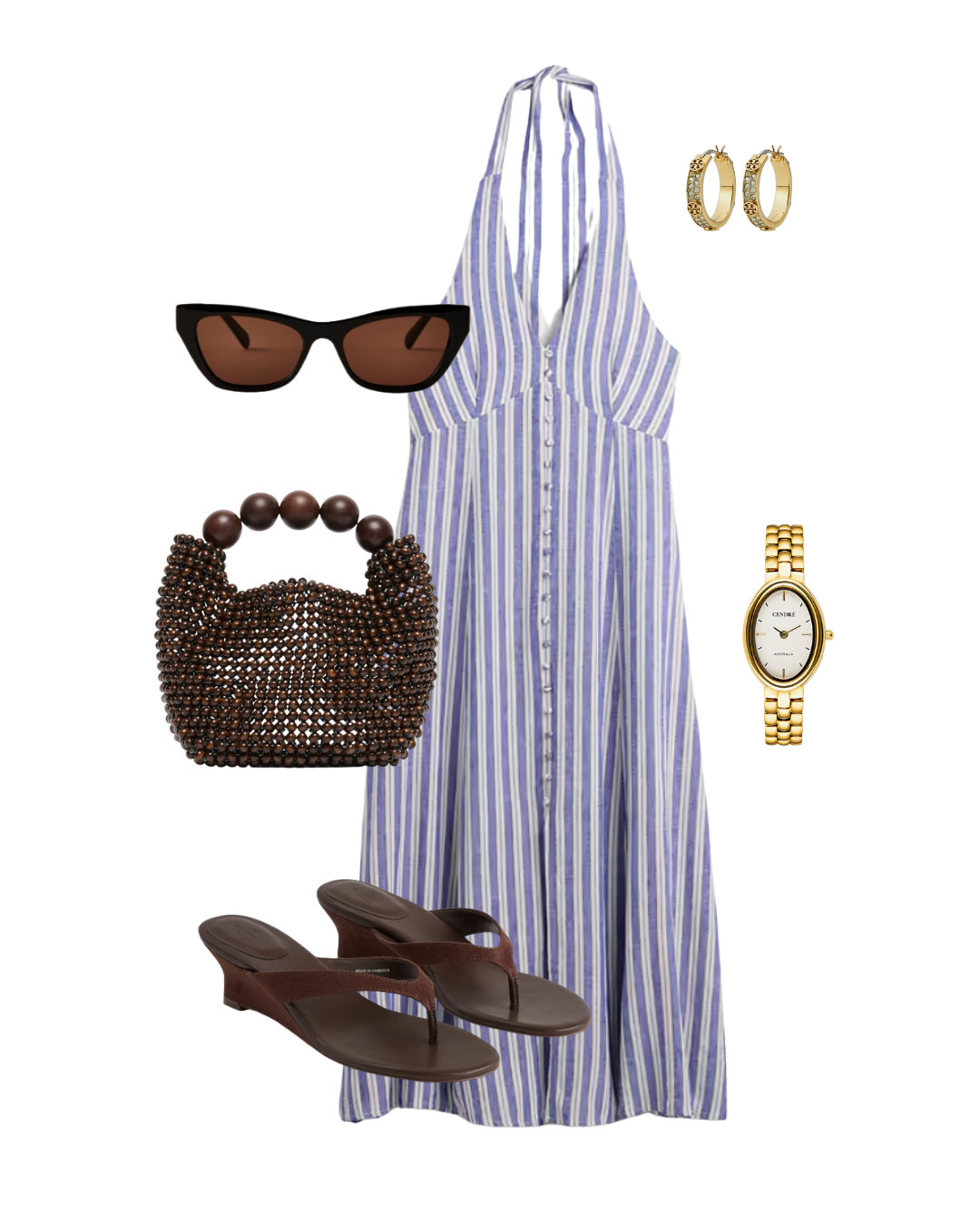 Smart casual cruise dinner outfit featuring a striped halter midi dress, a brown beaded clutch, and brown kitten heel sandals.