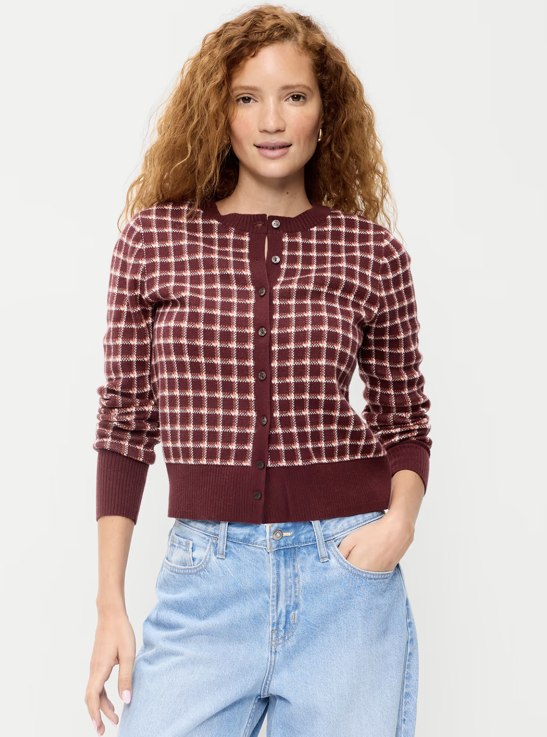 Old Navy Ruffle-Collar Pointelle Cardigan, studio product photo.