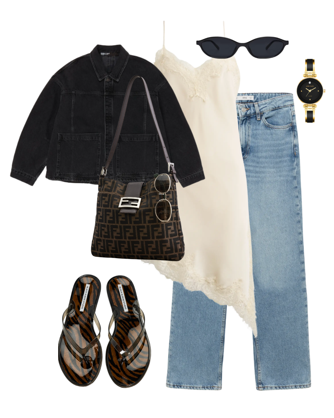 Flat lay outfit grid featuring a black denim jacket, white lace-trimmed silk camisole, light wash straight-leg jeans, tiger print thong sandals, monogram shoulder bag, watch, and sunglasses.