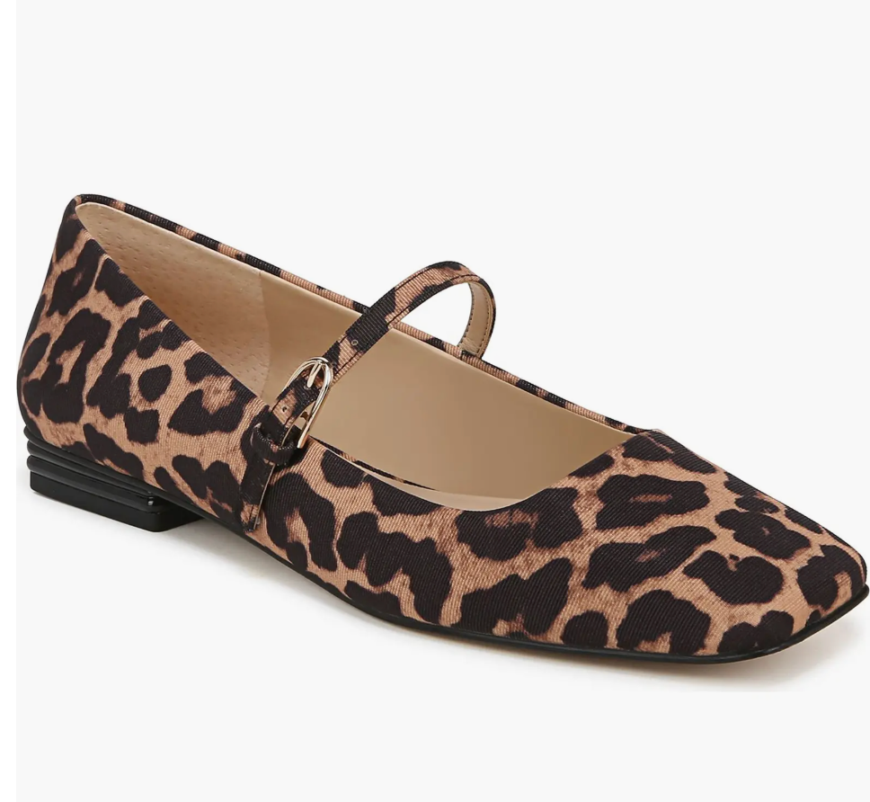 A leopard print calf hair Mary Jane flat for women by Franco Sarto, featuring a modern square toe, a slender strap with a gold buckle, and a low block heel.