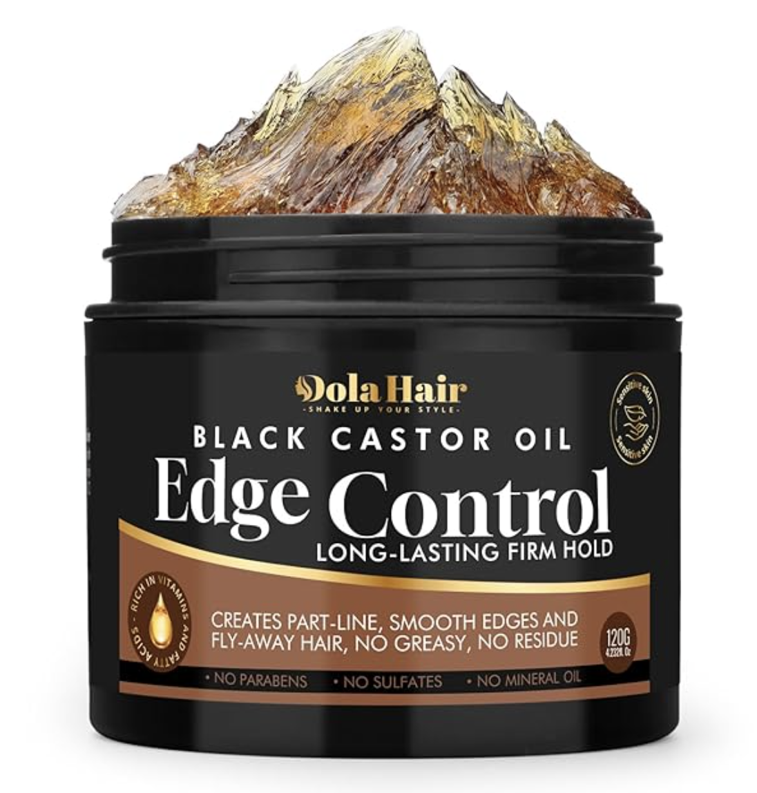 A jar of DolaHair Black Castor Oil Edge Control Gel for 4C hair with a black and gold label.