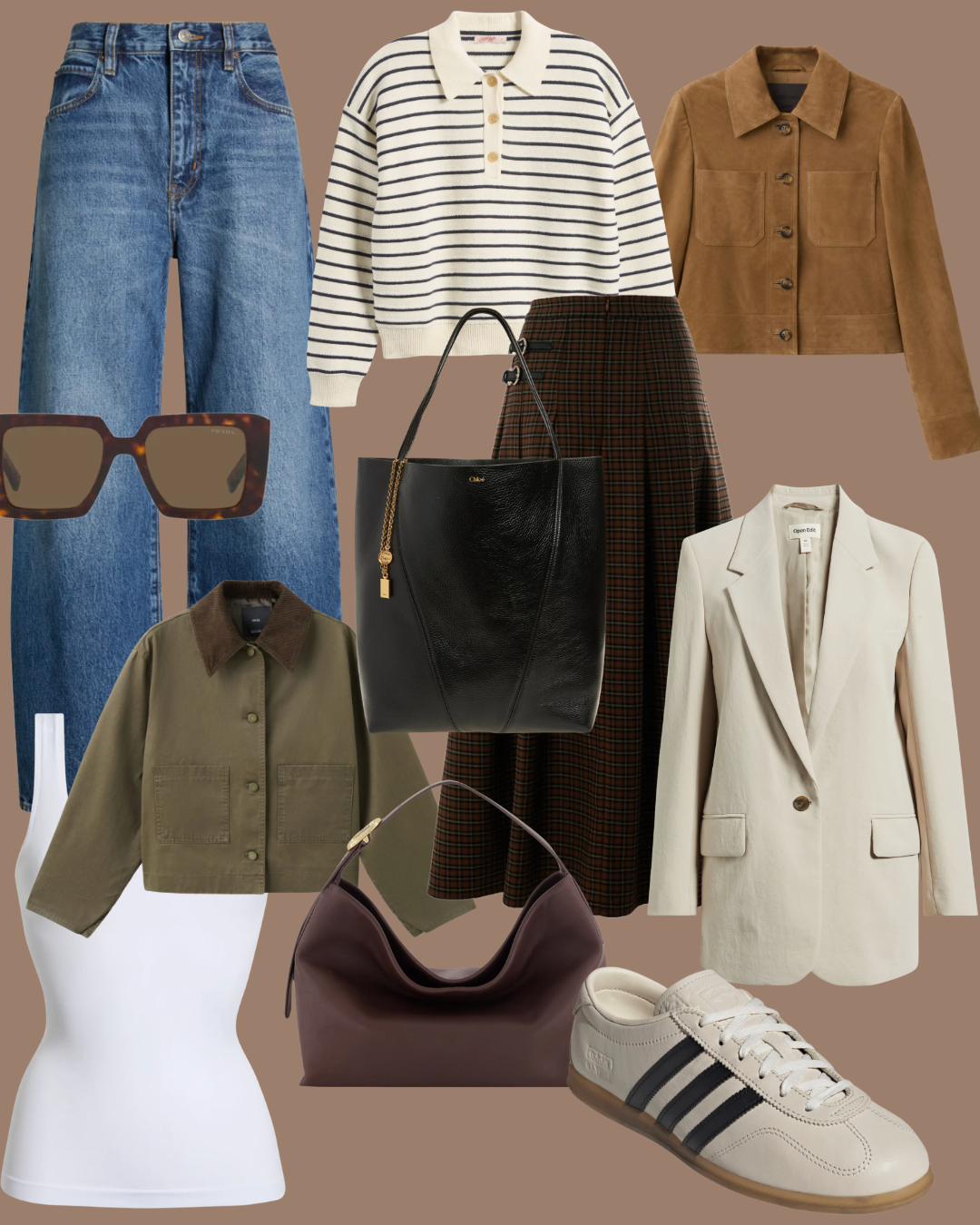 A flat lay collage of casual fall wardrobe essentials featuring wide-leg jeans, a striped knit sweater, an olive barn jacket, a plaid midi skirt, a black leather tote bag, and tortoiseshell sunglasses.