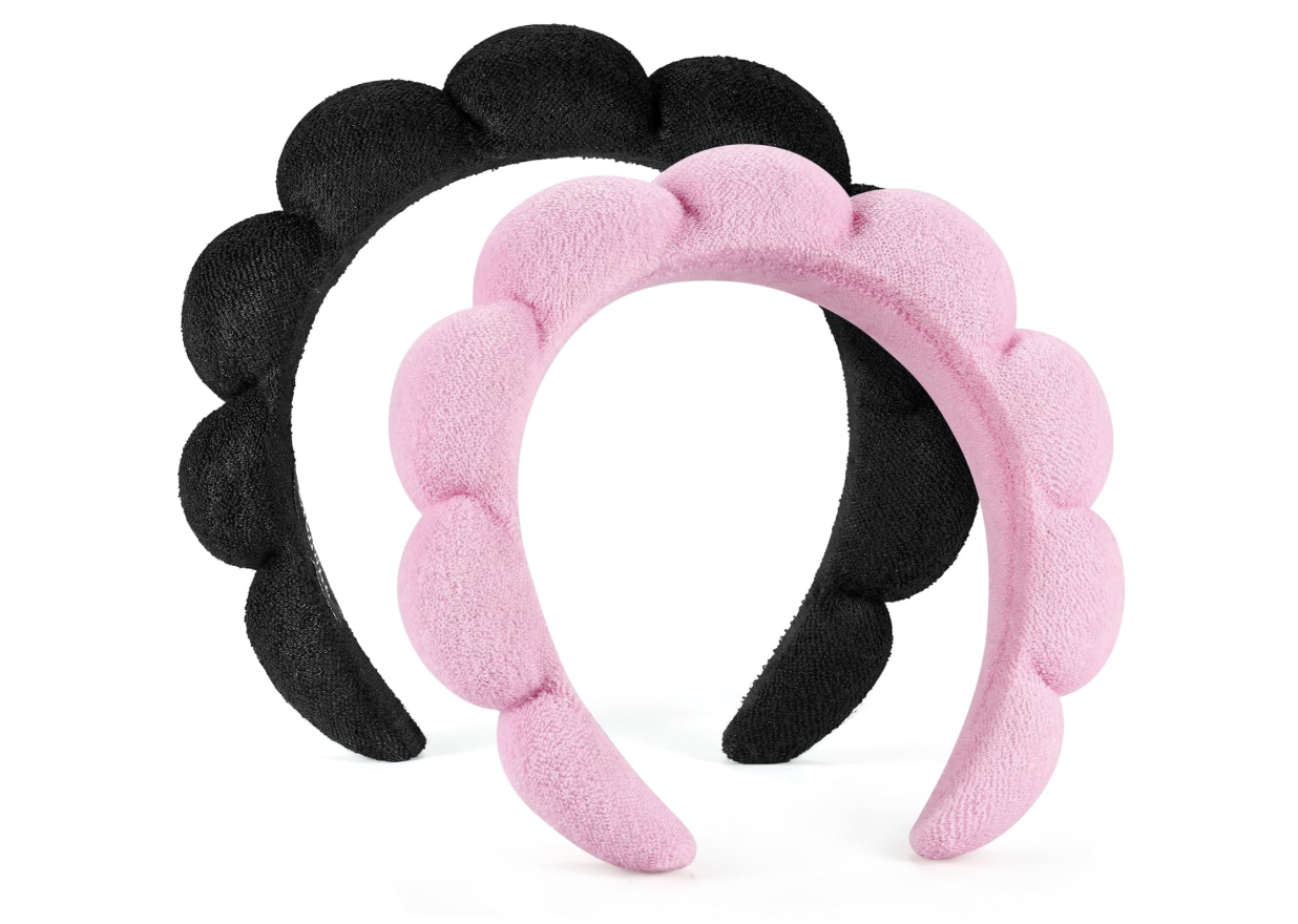 Plush spa headband beside a simple skincare routine