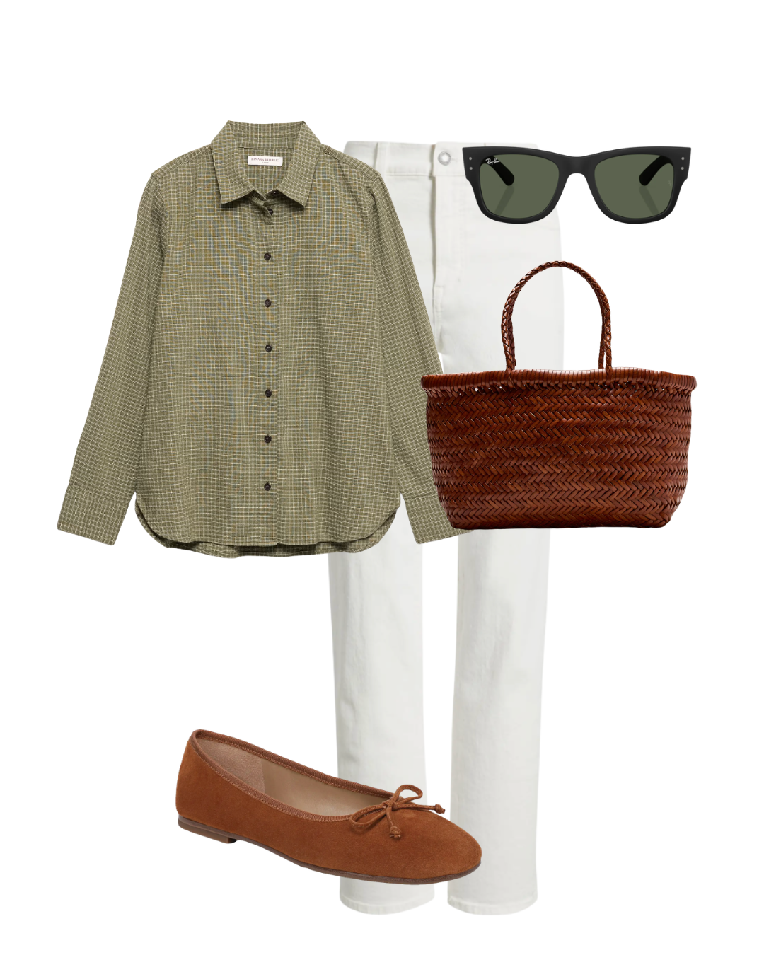 Ecru jeans paired with a chocolate-brown sweater and cognac accessories for fall.