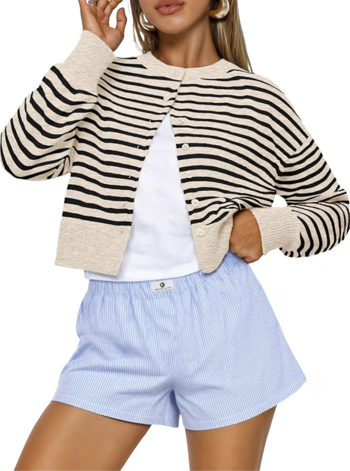 Trendy Queen cropped cream cardigan with black stripes