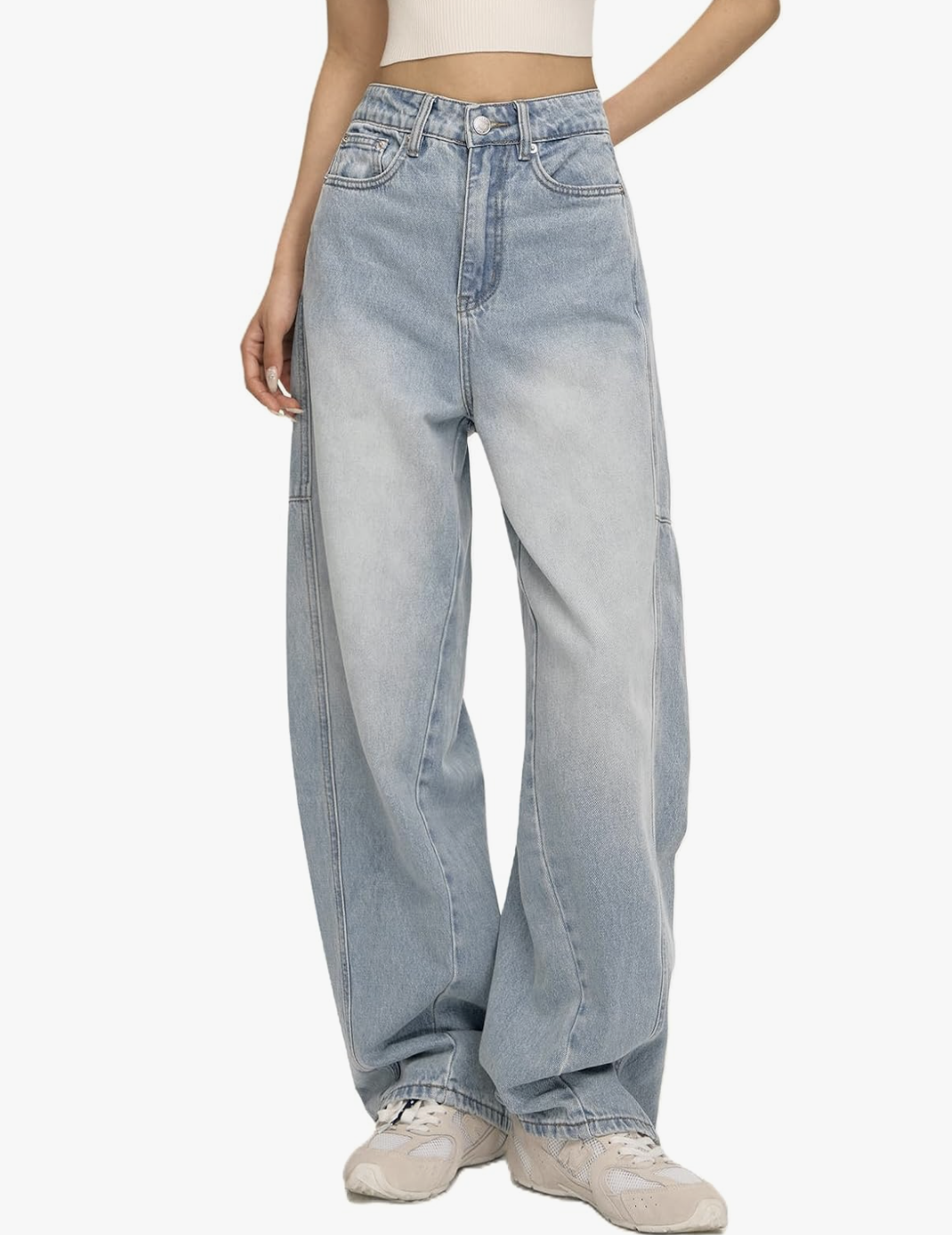 Product shot of light-wash high-waisted baggy barrel leg jeans, featured as a key denim style for creating a relaxed and modern outfit.