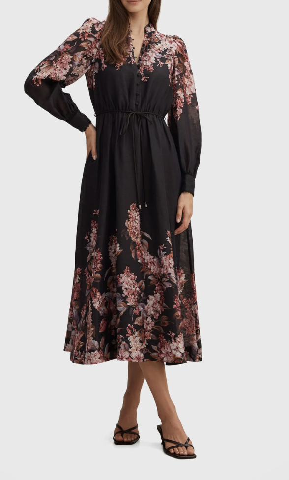 Ever New Courtney long-sleeve floral midi dress for fall occasions.
