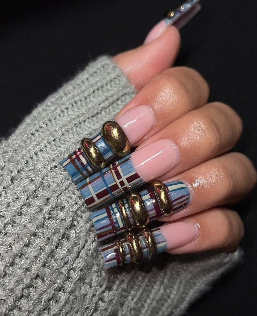 October nails with plaid accent nail art and coordinating fall colors
