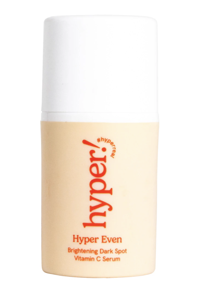 Hyper Skin Brightening Dark Spot Vitamin C Serum in an orange and white pump bottle, a lightweight daily treatment to fade hyperpigmentation and boost radiance on deep skin tones.