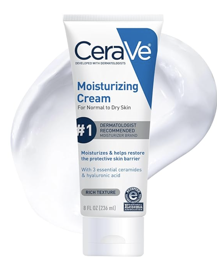 A tub of CeraVe Moisturizing Cream with its rich white texture, an affordable fragrance-free moisturizer for mature dry skin.