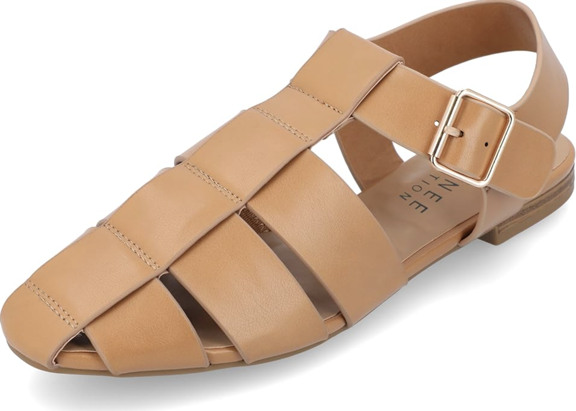 A pair of tan leather Journee Collection Cailinna Mary Jane flats featuring a caged, fisherman-style design with a closed toe and a buckle ankle strap on a white background.