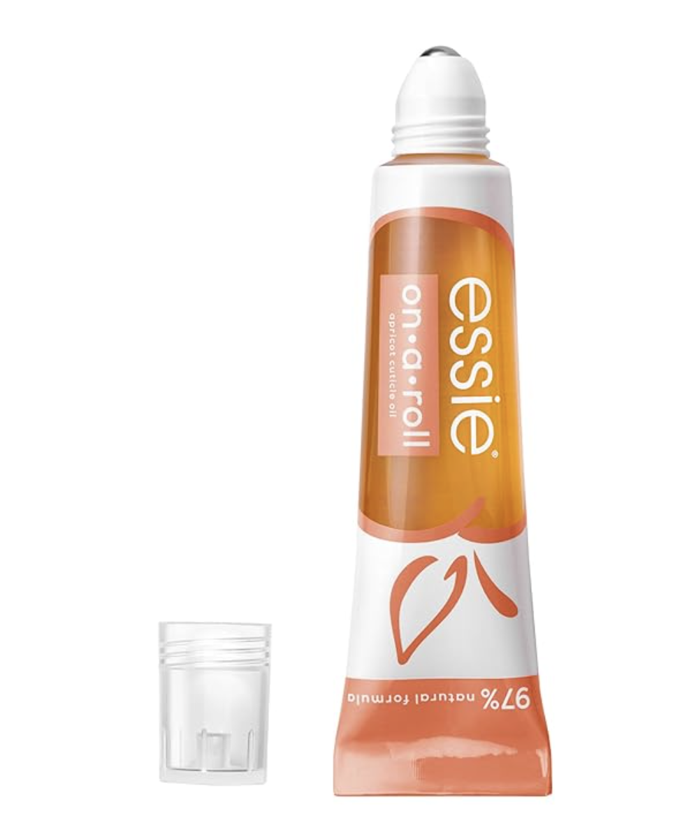 An Essie On A Roll Apricot Cuticle Oil tube with a massaging rollerball applicator and a clear cap, shown on a transparent background.