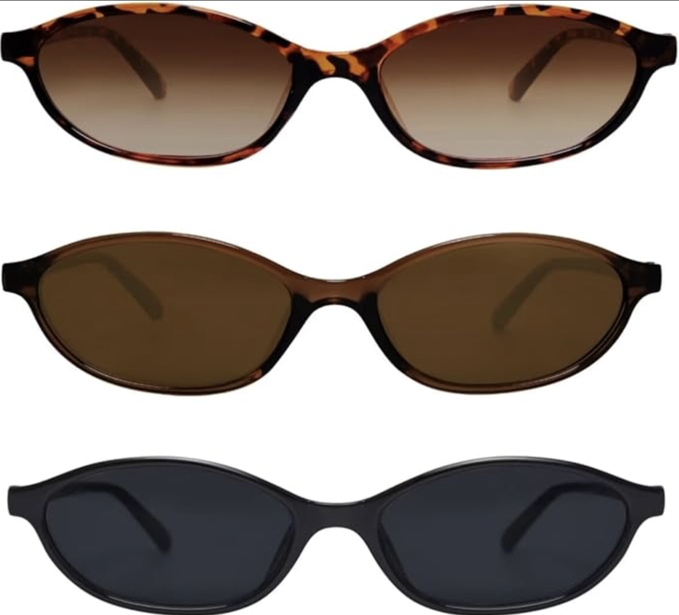 A close-up showing two pairs of trendy, slim oval sunglasses stacked vertically, featuring one pair in a translucent brown tortoiseshell frame and a second pair in a classic solid black frame.