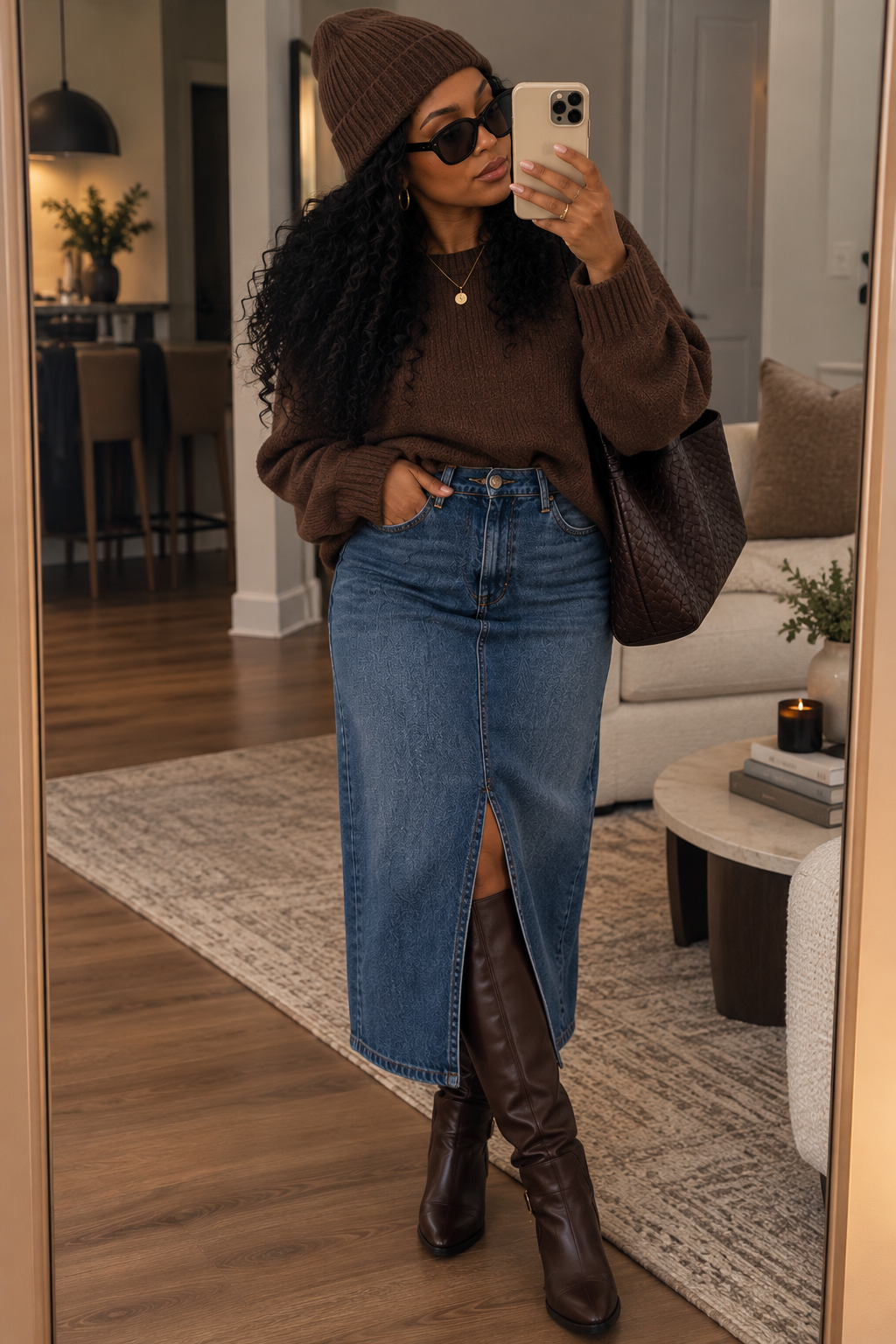 Full-length denim midi brown boots outfit showing the complete boot shaft and shoes