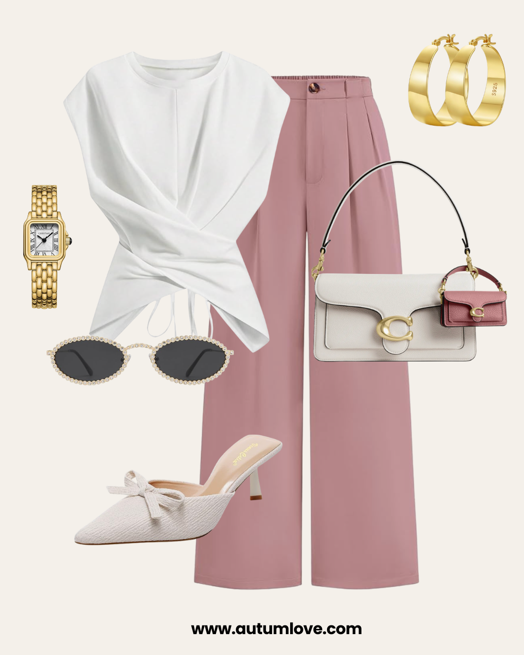 Graphic showing how to wear kitten heels with mauve wide-leg trousers, a white draped sleeveless top, white textured bow kitten heels, and a gold watch.