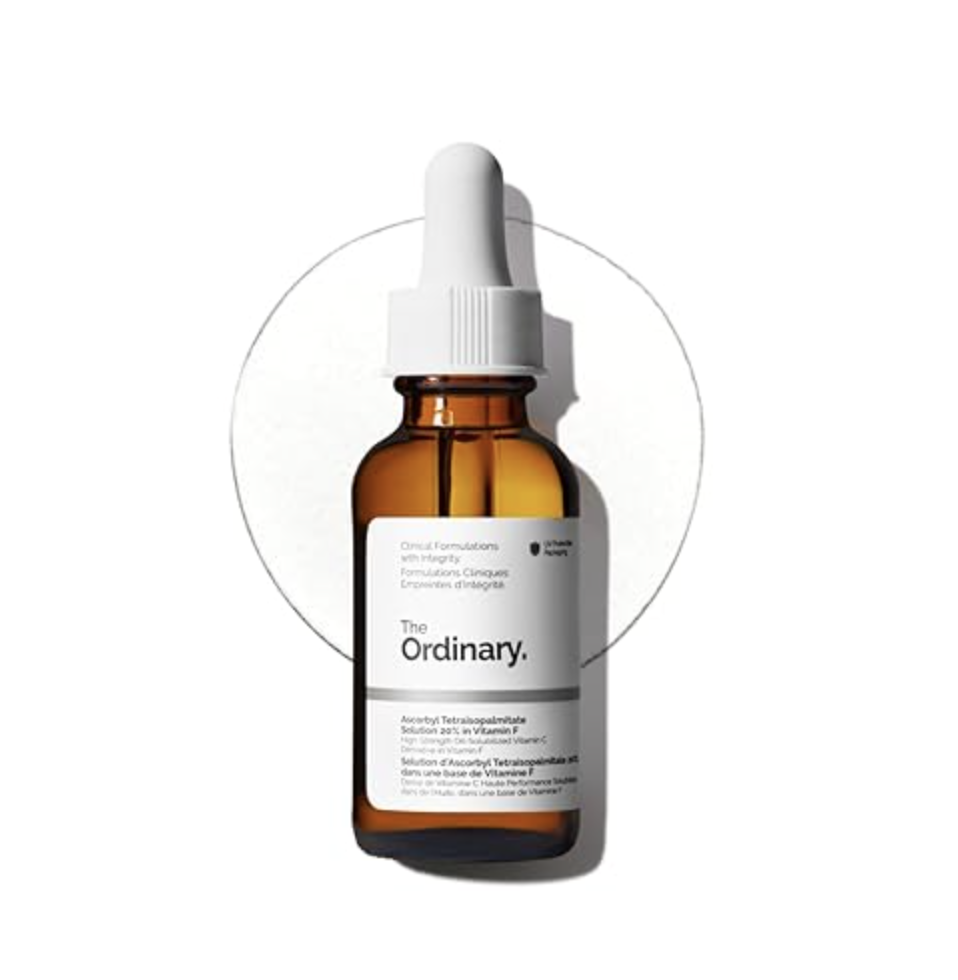 An amber glass dropper bottle of The Ordinary Ascorbyl Tetraisopalmitate Solution 20% in Vitamin F, an oil-soluble Vitamin C derivative for brightening skin.