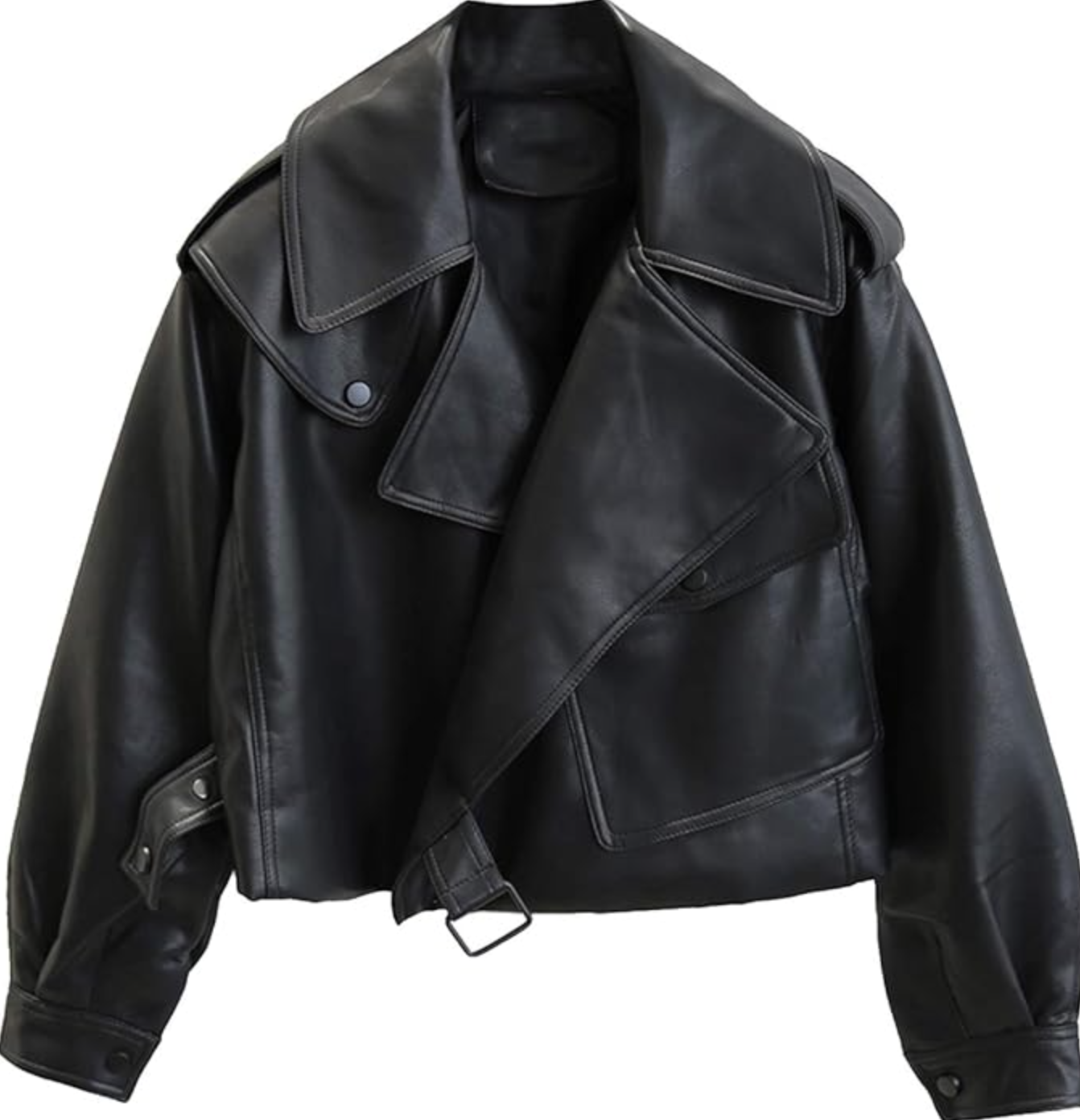 A structured black faux leather moto jacket with a silver buckle belt, wide lapels, and zipper details, shown against a white background.