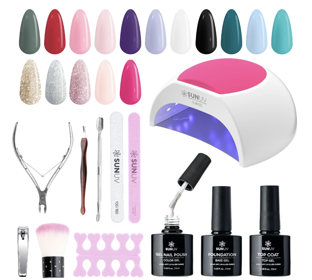 A 23-piece SUNUV gel nail polish kit featuring a white UV LED nail lamp, 16 polish colors ranging from neutrals to bolds, a cuticle nipper, nail files, and base and top coat bottles.