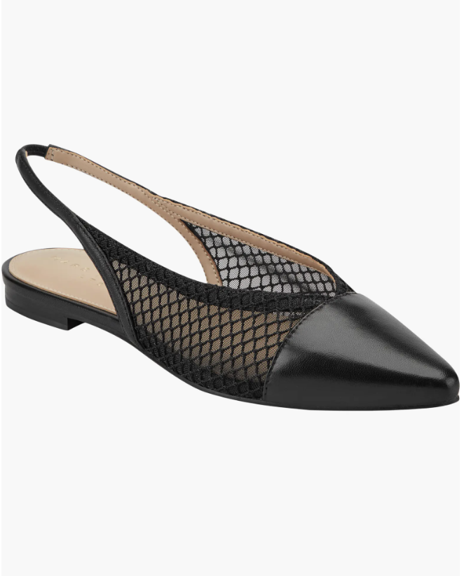 A pair of black pointed-toe slingback flats with a mesh body and a solid black toe cap, a chic and breathable shoe to style with white straight-leg jeans.